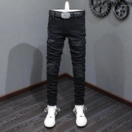 Men's Jeans Street Fashion Men Black Colour Elastic Slim Fit Ripped Patch Designer Brand Hip Hop Stretch Denim Pants Hombre