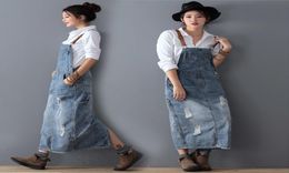 Fashion Maxi Denim Summer Ladies Suspenders Holes Dresses Female Loose Plus Size Bib Blue Jeans Long Dress 8075 Y200120 es1991729