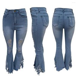 Women's Jeans Sexy Ripped Hole Denim Women Fringe Bottom Ruffle Tassels Flare Pants High Waist Bodycon Trousers Streetwear Outfit