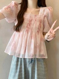 Women's T Shirts Large French Square Neckline Floral Short Sleeved Shirt Slimming And Covering Flesh Pleated Bubble Sleeves Chiffon Top For