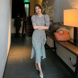 Casual Dresses Feminine French Vintage Puff Sleeve Women Pleated High Split Floral Dress 2024 Summer Korean Chic Style Vestidos