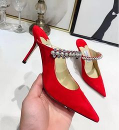 2024 Elegant Women's Sandals Pumps Sexy Point-toe Women Flat Crystal Ankle Strap High Heels Luxury Ladies Slipper Pumps Party EU 35-43 With Box