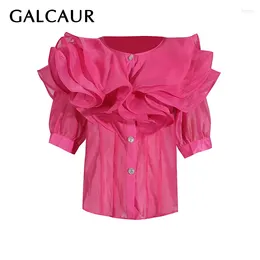 Women's Blouses GALCAUR Patchwork Ruffles Shirts For Women Round Neck Half Sleeve Single Breasted Casual Minimalist Chic Blouse Female 2024