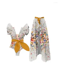 Women's Swimwear Double Shoulder Ruffled Bow One-piece Swimsuit Set Vintage Belly Covering And Slimming Beach Skirt