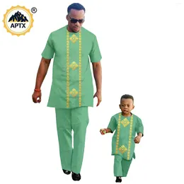 Ethnic Clothing African Clothes For Father And Son Summer Short Sleeve Gold Colour Appliques Top Pant Sets Bazin Riche Men Outfits 24F009