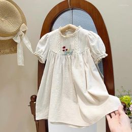 Girl Dresses Summer Baby Girls Cotton Embroidery Floral Lace Patchwork Button Back Short-Sleeved Princess Dress Kids Sweet Skirt Outfit