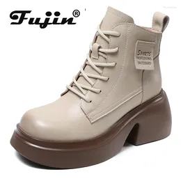 Boots Fujin 7.5cm Winter Warm Autumn Spring Plush Women Shoes Genuine Leather ZIP Platform Fashion Wedge Ankle Booties Ethnic