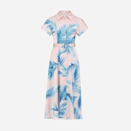 Europe and the United States women's 2024 summer new lapel Short sleeve leaf print belt fashion Pleated dress XXL