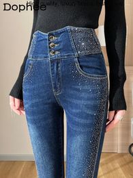 Women's Jeans Heavy Embroidery Drilling Women 2024 Spring High Waist Breasted Stretch Slimming Skinny Denim Pants Femme Trousers