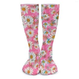 Women Socks White Daisy Stockings Pink Floral Print Custom Kawaii Autumn Anti Skid Female Running Sports Breathable