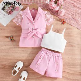 Clothing Sets MiniFox Girls Blazer Sets For Children Applique Butterfly Belted V-neck Coat+Crop Top+Shorts 3pcs Kids Clothes Girls Suit Y240520B0KL