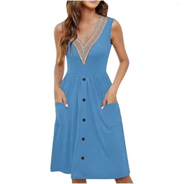 Casual Dresses Summer For Women Elegant Lace V Neck Sleeveless Slim Waisted Swing Midi Dress With Pockets Vestidos Para Mujer