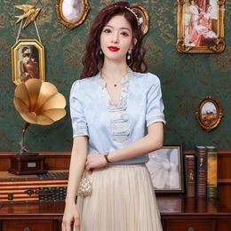 Women's Blouses Satin Chinese Style Shirt Summer Silk Vintage Loose Short Sleeves Women Tops V-necks Fashion Clothing YCMYUNYAN