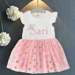 Girl's Dresses Personalized Little Girl Pink Dress Customized Name Image Princess Dress Baby Birthday Party Set Preschool Short Sleeve Gold Dot d240520