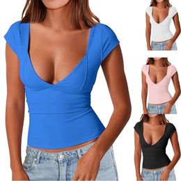 Women's T Shirts 2024 Spring Summer Sexy Deep V-neck Halter Top Short Sleeved Slim T-shirt Clothing Female Casual Clothes