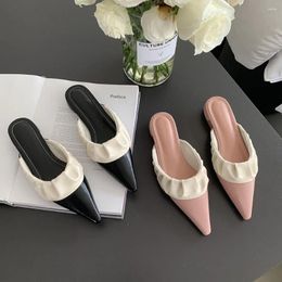 Slippers Pointed Toe Women Mixed Colour Black Pink Casual Outside Summer Party Pumps Slip On Flat Heeled Dress Shoes Woman 35-39