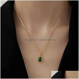 Pendant Necklaces Retro Square Green Zircon Necklace For Women Titanium Steel Girls Engagement Jewelry Drop Delivery Pendants Dh3Sa