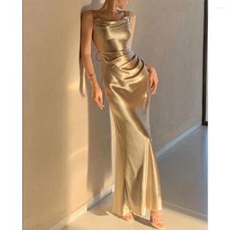 Party Dresses Champagne Dress Fashion O-Neck Sleeveless Solid Backless Sheath Gowns Chic Ankle Length Evening Prom For Women