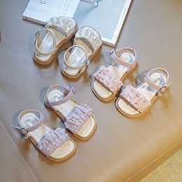 Children's Pleated Pearl PU Open Toe Sandals Casual Japanese Simple Cute Girl Summer New 2022 Kids Fashion Non-slip Beach Shoes