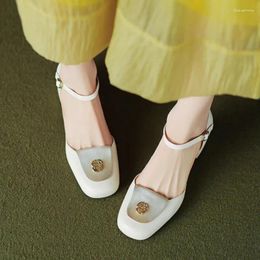 Casual Shoes 2024 Women Pumps High Heels Summer Mid Hollow Out Sandals Square Toe Ankle Buckle Strap Beige Apricot