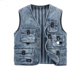Men039s Vests Mens Cargo Denim Vest Multi Pockets Sleeveless Jacket Fashion Washed Jeans Waistcoats For Male4047214