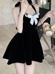 Casual Dresses 2024 Summer Slim Black Velvet Dress Korean Fashion Elegant Bow Midi Woman Party Sleeveless Vintage Lace Clothing
