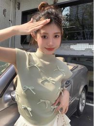 Women's T Shirts Sweet Girl 3D Bow Knitted T-shirt Summer Casual Mint Green Half High Neck Slim Fit Short Top Fashion Female Clothes