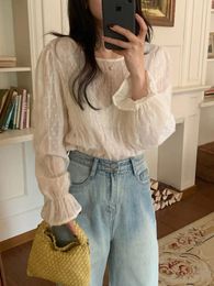 Women's Blouses Blouse Women Spring 2024 Office Lady French Style Cute Lace Knitted Flare Sleeve Thin O-Neck Blusas Womens Tops And