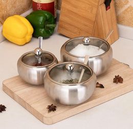Storage Bottles Stainless Steel Sugar Bowl Container Supplies With Clear Lid And Spoon For Home Kitchen Drum Shape Spice