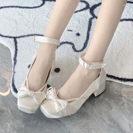 Dress Shoes Satin Ballet Style Mary Jane Women's Thick Mid Heel Square Toe Ribbon Girl Bow Lolita Fashion Kawaii