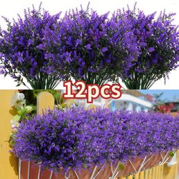 Decorative Flowers 12Pcs Bundles Artificial Lavender Outdoor Uv Resistant Plants Fake Shrubs Greenery Bushes