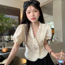 Women's Blouses Ruffles Shirts And Korea Short Sleeve Top Women 2024 Summer V-neck Sweet Cute Elegant Solid Folds Clothes