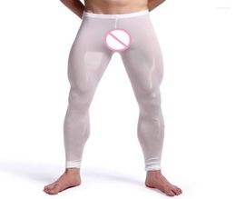 Men039s Sleepwear Mens Pyjama Pants Sexy Sheer Long Johns Translucent U Convex Pouch Panties Underwear Tight Leggings Silky Ski4550093
