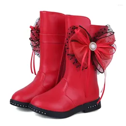 Boots Girls Bow Tie Autumn And Winter 2024 Plus Velvet Children's Leather Princess High