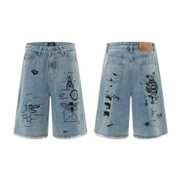 Men's high street insect letter printed cat beard denim short women's jeans fashion loose knee length wide leg shorts jean blue