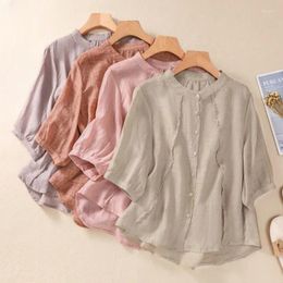 Women's Blouses Cotton Linen Chinese Style Shirts Summer Vintage Solid Loose Short Sleeves Women Tops Fashion Clothing YCMYUNYAN