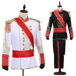 Men Military Uniform Suits Palace Prince Suit Marshal Soldier Honour Guard Dress Stage Costumes Music Singer Host Black White X0905129589