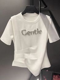 Summer womens short sleeved cotton T-shirt with round neck beaded letter white bottom shirt pleated basic paragraph top 240517