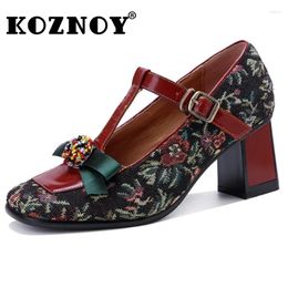 Dress Shoes Koznoy 6.5cm Jacquard Cloth Stretch Fabric Sheepskin Leather Fashion Leisure Sandals Pumps Ethnic Women Summer Square Toe