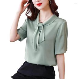 Women's Blouses Brand Quality Luxury Women Ice Silk Shirt Elegant Office Lace Up Scarf Collar Half Sleeve Satin Business Ladies Tops