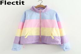 Flectit Women Pastel Rainbow Bomber Jacket Cute Colour Block Duster Souvenir Sukajan Windbreaker Girls Harajuku Pastel Goth 201021537584