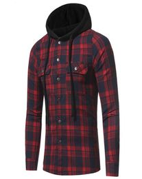 Men039s Hoodies Sweatshirts Fashion Flannel Plaid Hooded Shirt Slim Fit Men Dress Shirts Cheque Long Sleeve Casual8156103