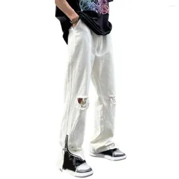 Men's Jeans Denim Men Pants High Street Style Summer With Ripped Holes Wide Leg Design Solid Colour For A Trendy Look