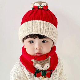 Caps Hats 1-5Y Christmas Party Hat Elk Cap Children Cute Embroidery Scarf Girls Knitted Woollen Kids Winter Proof Cold Set 231120 Drop Otiaf
