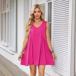 Casual Dresses 2024 Women Summer Swing Sleeveles T-Shirt Beach Cover Up With Pockets Solid Color Loose Dress Party