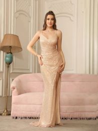 Gold Sequins Bridesmaid Formal Prom Evening Gowns Thigh-High Split Strappy Lace-Up On Open Back Long Train Party Dress Cps1999