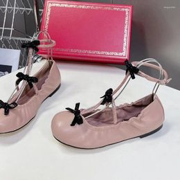Dress Shoes 2024 Summer Bowknot Dance Ballet Flats Women Brand Genuine Leather Pink Single Ankle Strap Crystal