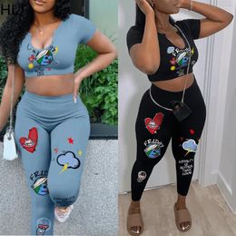 Women's Two Piece Pants HLJ Fashion Street Style Women Pattern Printing V Neck Short Sleeve Crop Top And Skinny Sets Casual 2pcs Outfits