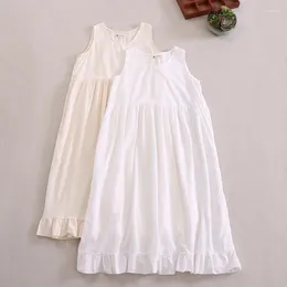 Casual Dresses Summer Autumn Sweet Round Neck Cotton Ruffle Panel Sleeveless Dress Women Apricot White Color Vest K052