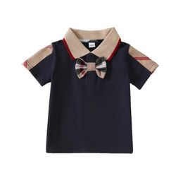 Summer Lovely Baby Boys Girls Plaid T-shirts With Bowtie Gentleman Style Kids Short Sleeve T-shirt Turn-Down Collar Children Shirt 0-7 Years